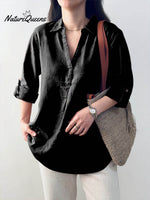 Ladies Solid Color Shirt Collar Three-quarter Sleeves Casual Cotton and Linen Shirt