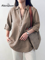 Ladies Solid Color Shirt Collar Three-quarter Sleeves Casual Cotton and Linen Shirt