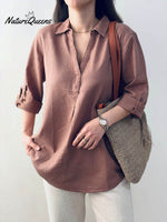 Ladies Solid Color Shirt Collar Three-quarter Sleeves Casual Cotton and Linen Shirt