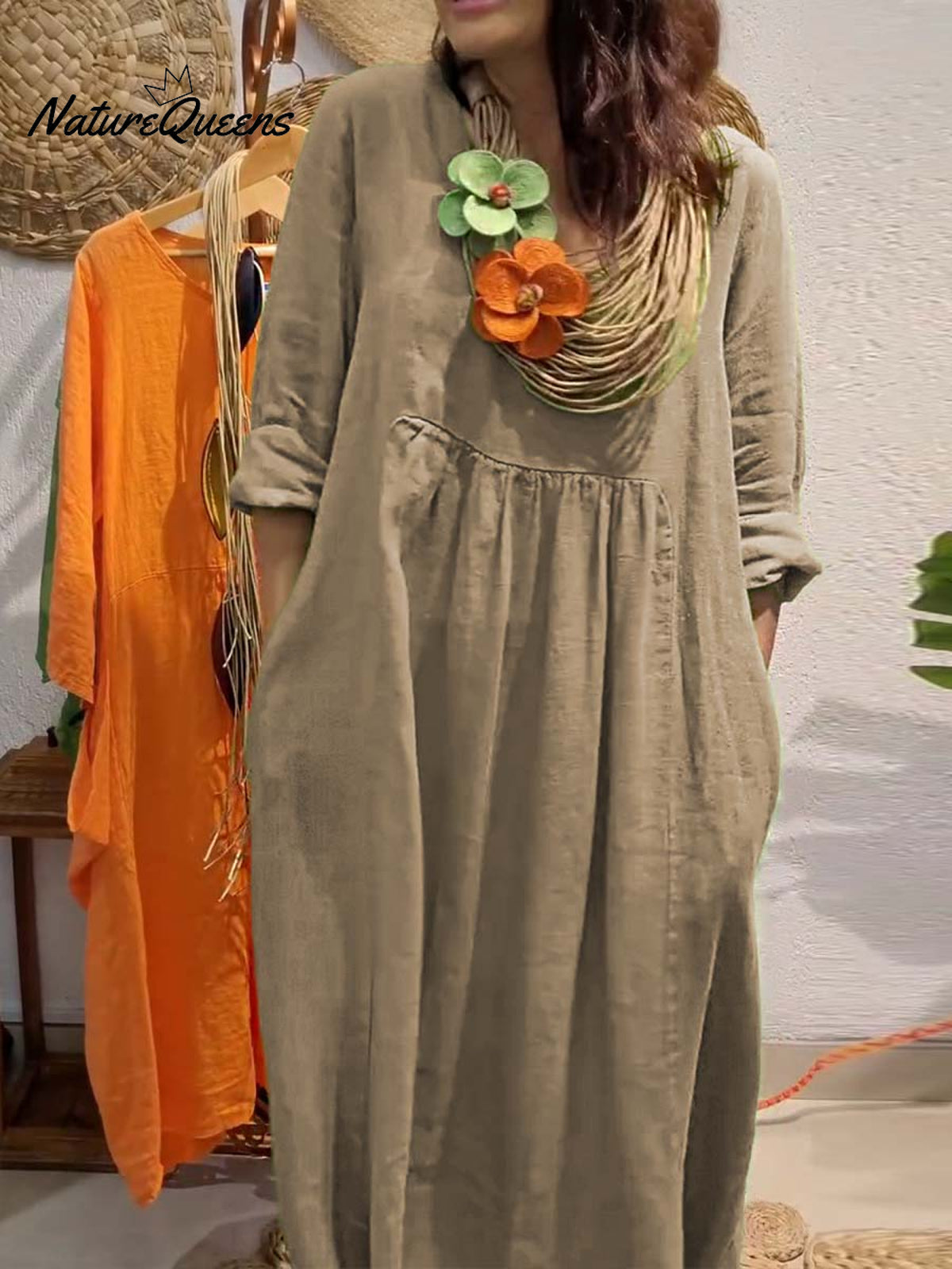 Ladies Solid Color V-Neck Casual 3/4 Sleeves Long Cotton and Linen Dress