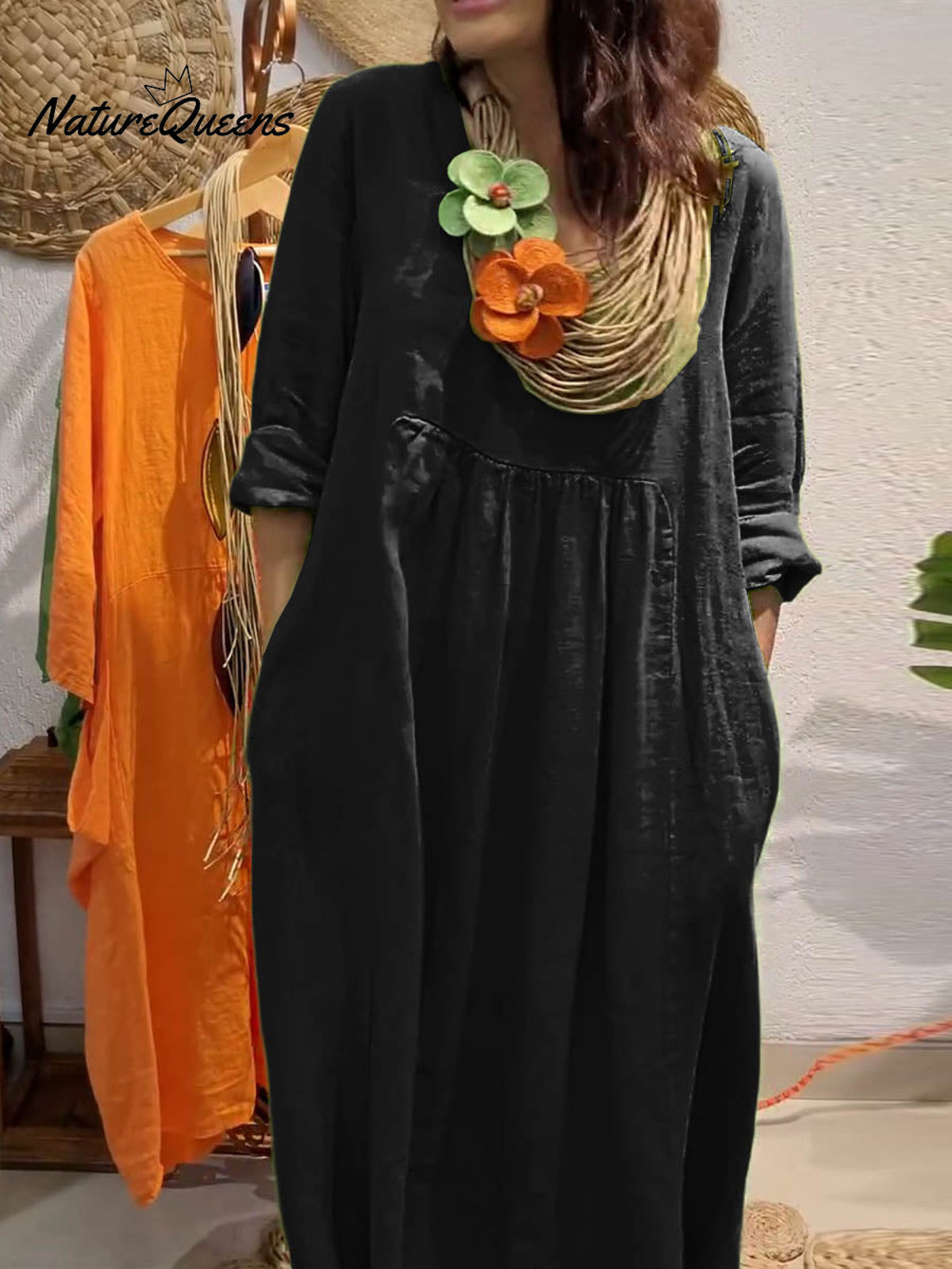 Ladies Solid Color V-Neck Casual 3/4 Sleeves Long Cotton and Linen Dress