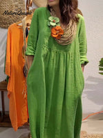 Ladies Solid Color V-Neck Casual 3/4 Sleeves Long Cotton and Linen Dress