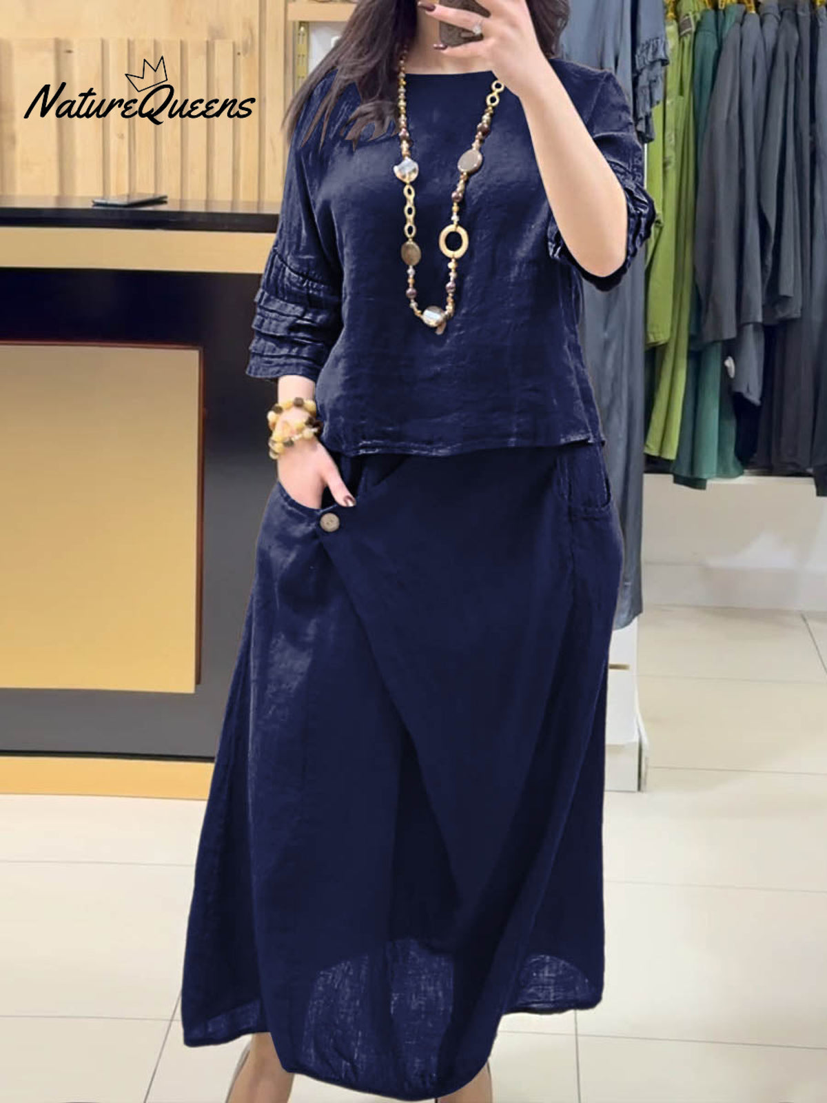 Ladies Solid Color Round Neck Casual Skirt Linen Two-piece Suit