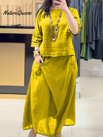 Ladies Solid Color Round Neck Casual Skirt Linen Two-piece Suit