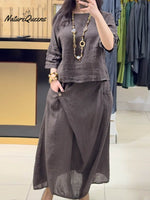 Ladies Solid Color Round Neck Casual Skirt Linen Two-piece Suit