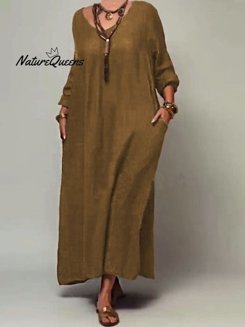 Women's Solid Color Round Neck Mid Sleeve Pocket Casual Linen Dress