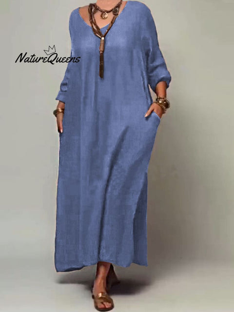 Women's Solid Color Round Neck Mid Sleeve Pocket Casual Linen Dress