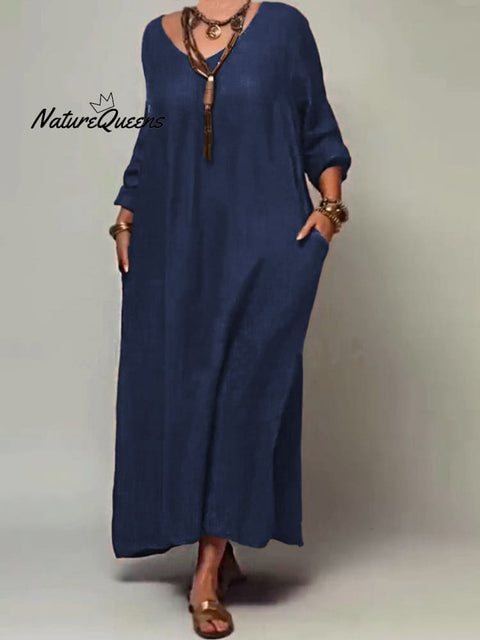 Women's Solid Color Round Neck Mid Sleeve Pocket Casual Linen Dress