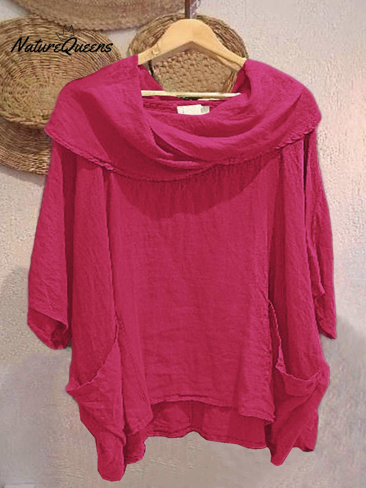 Women's Solid Color Draped Neck 3/4 Sleeve Comfortable Casual Linen Pocket Top