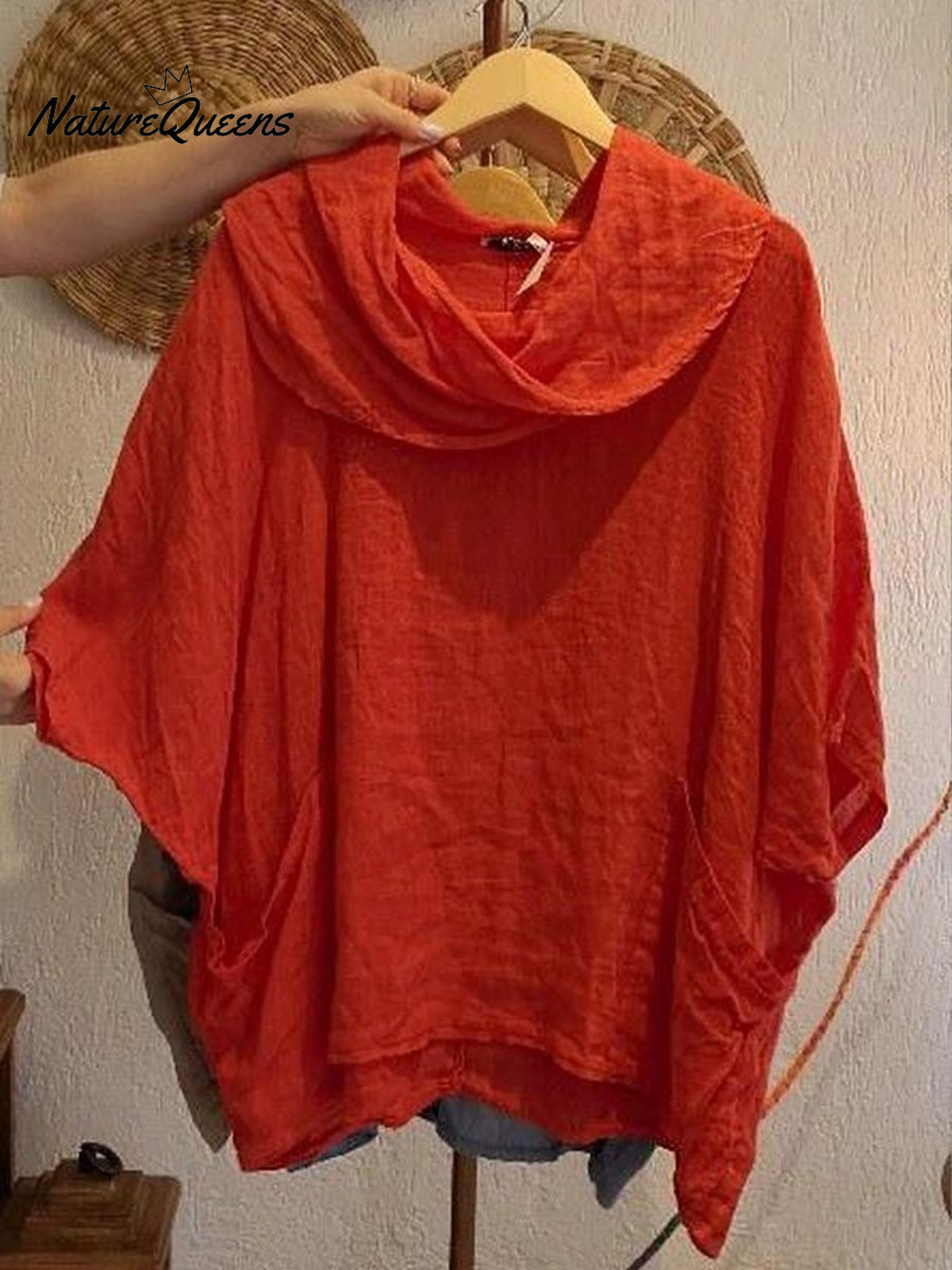 Women's Solid Color Draped Neck 3/4 Sleeve Comfortable Casual Linen Pocket Top
