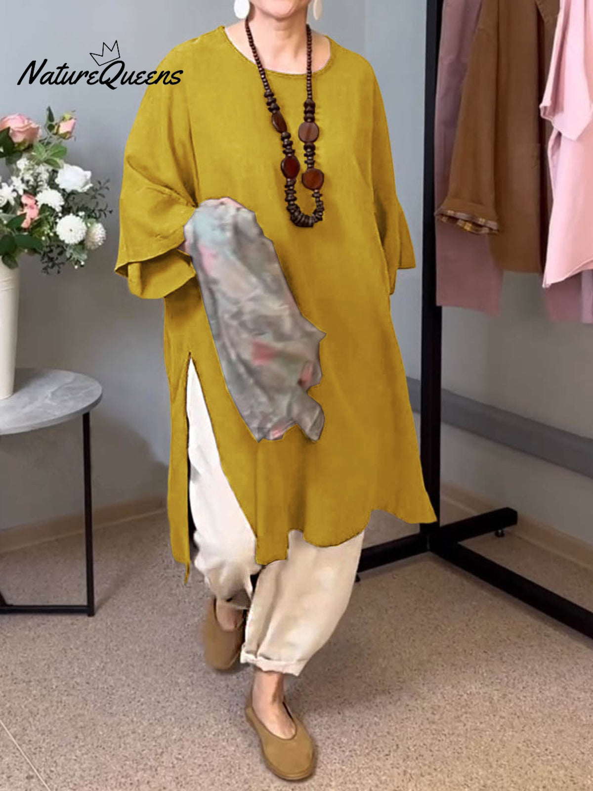 Women's Solid Color Round Neck 3/4 Sleeves Casual Linen Slit Long Top