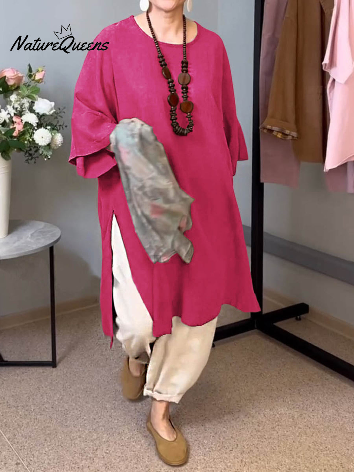 Women's Solid Color Round Neck 3/4 Sleeves Casual Linen Slit Long Top
