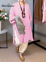 Women's Solid Color Round Neck 3/4 Sleeves Casual Linen Slit Long Top