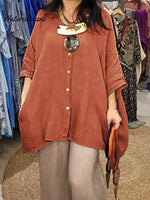 Women's Solid Color Shirt Collar Batwing Sleeves Loose Casual Pockets Linen Shirt