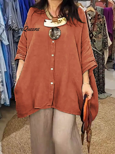 Women's Solid Color Shirt Collar Batwing Sleeves Loose Casual Pockets Linen Shirt