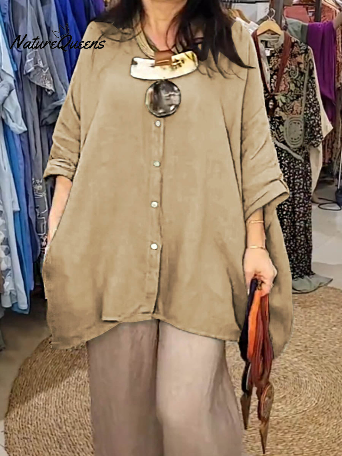 Women's Solid Color Shirt Collar Batwing Sleeves Loose Casual Pockets Linen Shirt