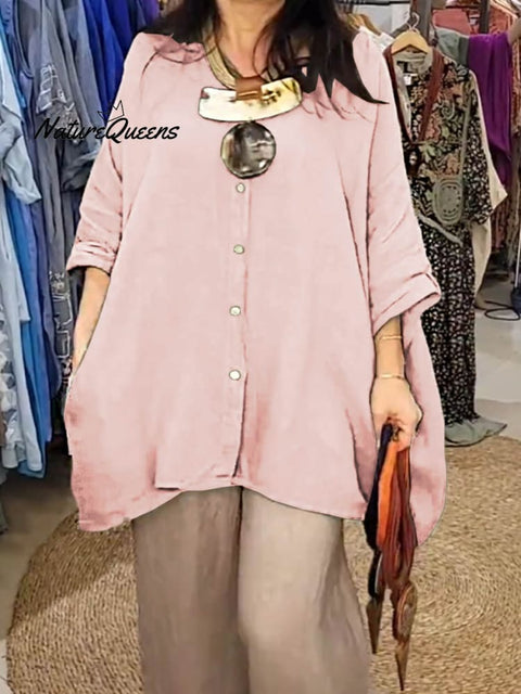 Women's Solid Color Shirt Collar Batwing Sleeves Loose Casual Pockets Linen Shirt