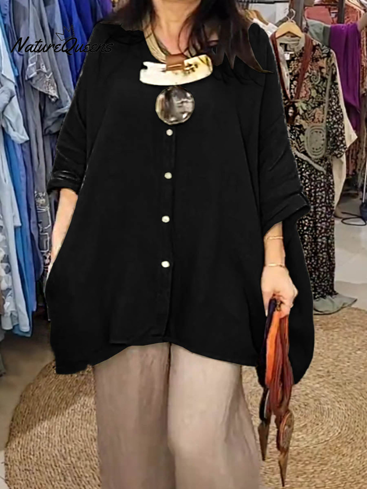 Women's Solid Color Shirt Collar Batwing Sleeves Loose Casual Pockets Linen Shirt