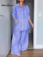 Women Solid Color Lapel Long Sleeve Cardigan Shirt High Waist Pocket Wide Leg Pants Set