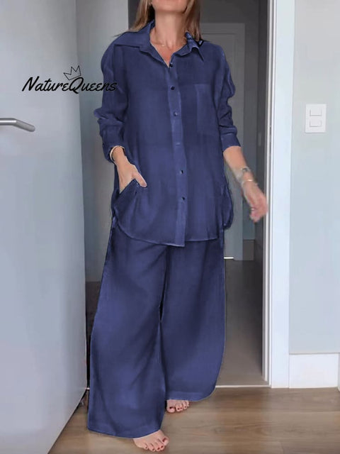Women Solid Color Lapel Long Sleeve Cardigan Shirt High Waist Pocket Wide Leg Pants Set