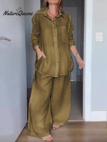 Women Solid Color Lapel Long Sleeve Cardigan Shirt High Waist Pocket Wide Leg Pants Set