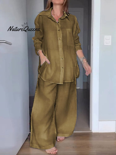 Women Solid Color Lapel Long Sleeve Cardigan Shirt High Waist Pocket Wide Leg Pants Set