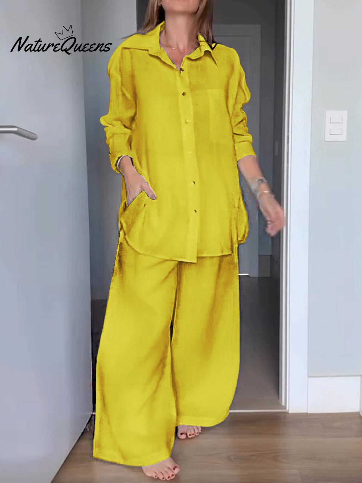 Women Solid Color Lapel Long Sleeve Cardigan Shirt High Waist Pocket Wide Leg Pants Set