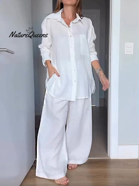 Women Solid Color Lapel Long Sleeve Cardigan Shirt High Waist Pocket Wide Leg Pants Set