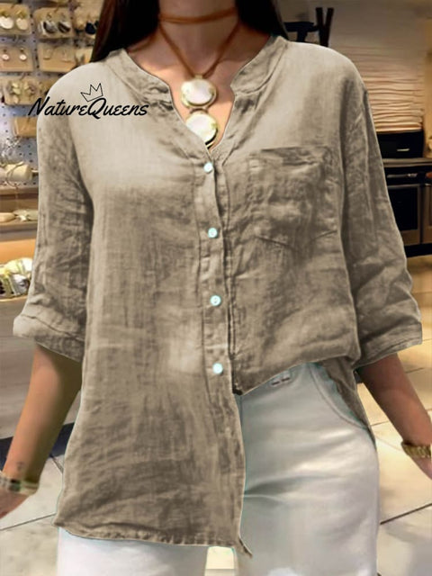 Women's Solid Color V-Neck 3/4 Sleeves Pockets Loose Casual Linen Shirt