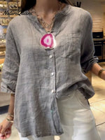 Women's Solid Color V-Neck 3/4 Sleeves Pockets Loose Casual Linen Shirt