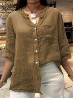 Women's Solid Color V-Neck 3/4 Sleeves Pockets Loose Casual Linen Shirt