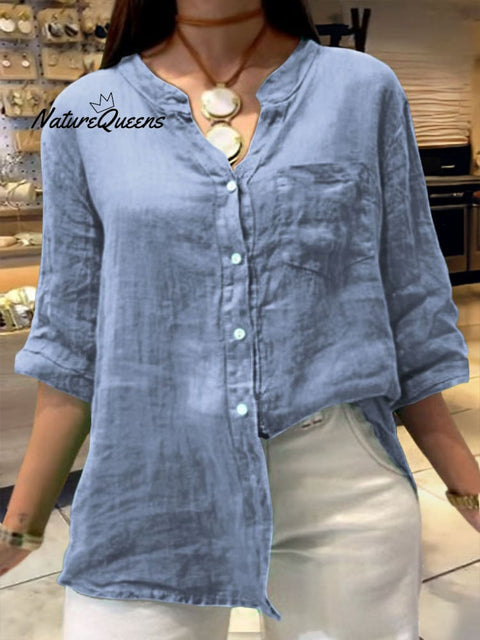 Women's Solid Color V-Neck 3/4 Sleeves Pockets Loose Casual Linen Shirt