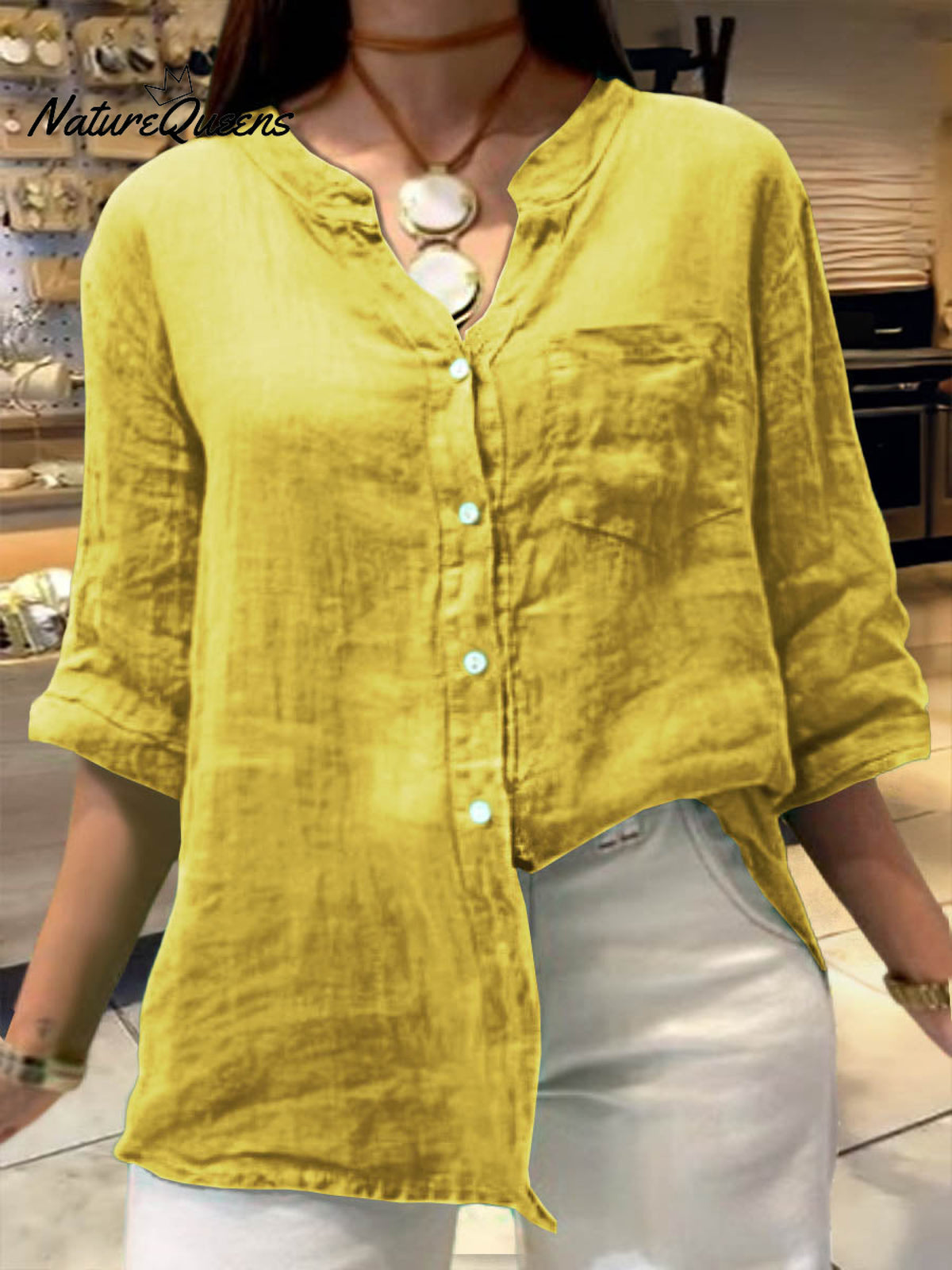 Women's Solid Color V-Neck 3/4 Sleeves Pockets Loose Casual Linen Shirt