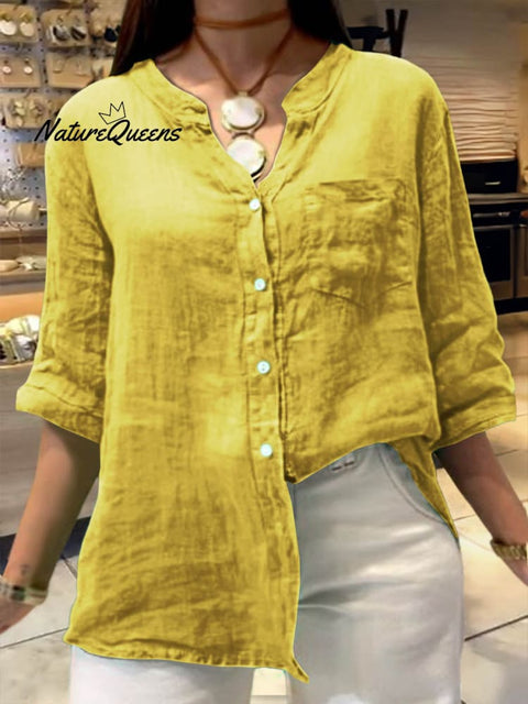 Women's Solid Color V-Neck 3/4 Sleeves Pockets Loose Casual Linen Shirt