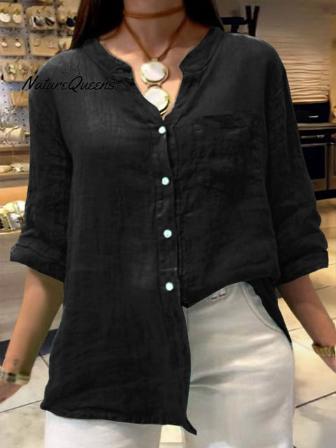 Women's Solid Color V-Neck 3/4 Sleeves Pockets Loose Casual Linen Shirt
