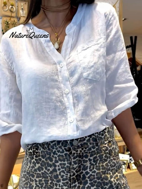 Women's Solid Color V-Neck 3/4 Sleeves Pockets Loose Casual Linen Shirt
