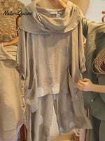 Women's Polka Dot Print Swing Neck Top Solid Color Casual High Waist Wide Leg Pants Linen Suit