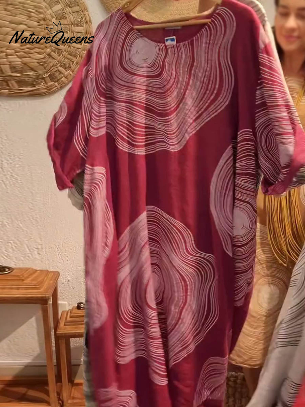 Women's Crew Neck Abstract Print 3/4 Sleeve Casual Linen Pocket Dress