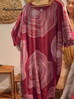 Women's Crew Neck Abstract Print 3/4 Sleeve Casual Linen Pocket Dress