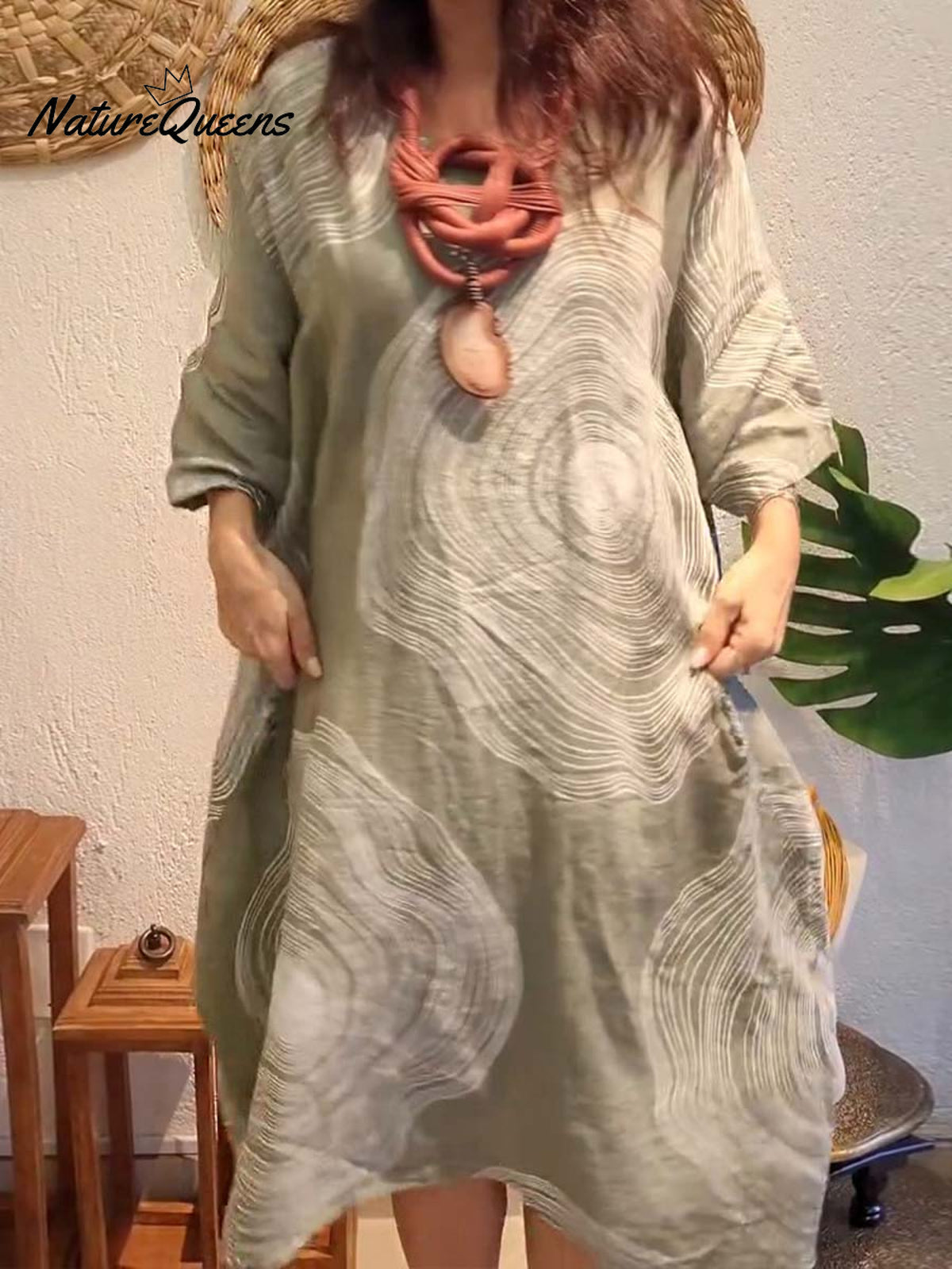 Women's Crew Neck Abstract Print 3/4 Sleeve Casual Linen Pocket Dress