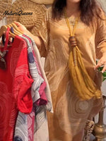 Women's Crew Neck Abstract Print 3/4 Sleeve Casual Linen Pocket Dress