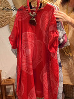 Women's Crew Neck Abstract Print 3/4 Sleeve Casual Linen Pocket Dress