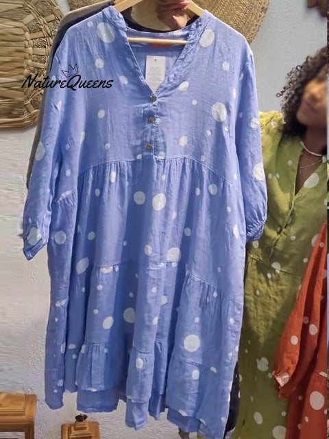 Women's V-neck Polka Dot Print 3/4 Sleeves Casual Linen Pocket Dress