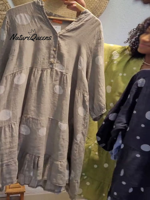Women's V-neck Polka Dot Print 3/4 Sleeves Casual Linen Pocket Dress