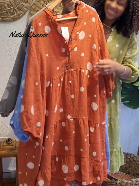 Women's V-neck Polka Dot Print 3/4 Sleeves Casual Linen Pocket Dress