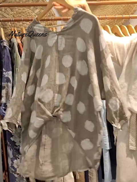 Women's V-neck Polka Dot Print 3/4 Sleeve Casual Linen Twisted Top