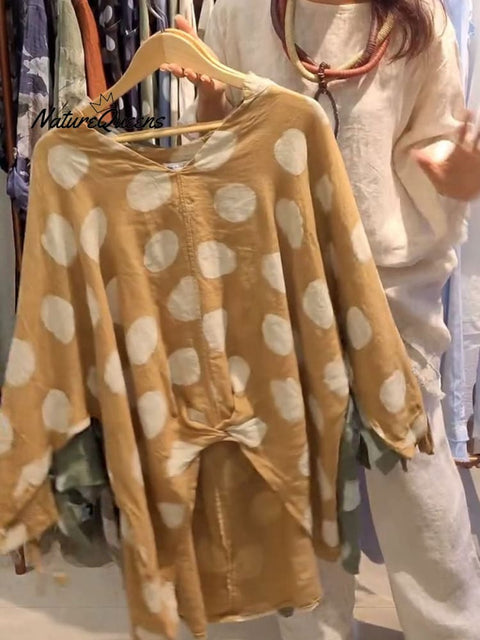Women's V-neck Polka Dot Print 3/4 Sleeve Casual Linen Twisted Top