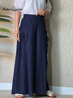 Women's Solid High Waist Lace-Up Casual Linen Wide Leg Pants