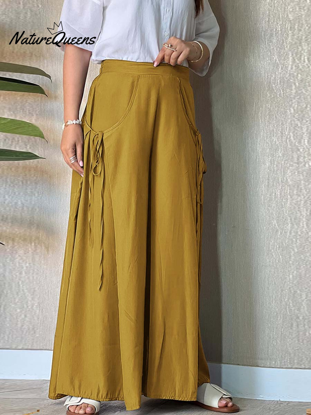 Women's Solid High Waist Lace-Up Casual Linen Wide Leg Pants