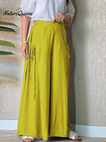Women's Solid High Waist Lace-Up Casual Linen Wide Leg Pants
